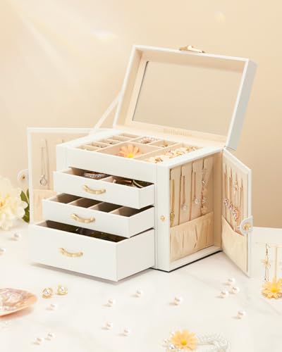 Enthralite Jewelry Box with 3 Drawers: Display Organizer for Earrings Necklaces - Gift for Girls Women (White)