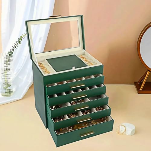 BOOVO Jewelry Box for Women, Green 6 Layer Large Jewelry Organizer with Glass Lid for Necklace, Bracelet, Earrings Storag...
