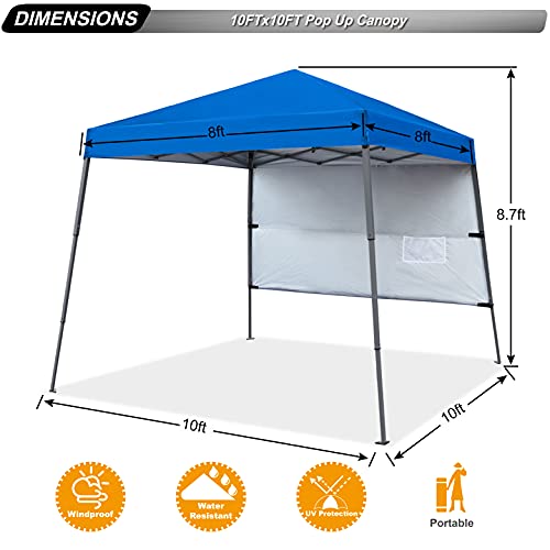 ABCCANOPY Outdoor Pop Up Canopy10x10 Beach Camping Canopy with 1 Sun Wall, Bonus Backpack Bag, Stakes and Ropes, Royal Blue