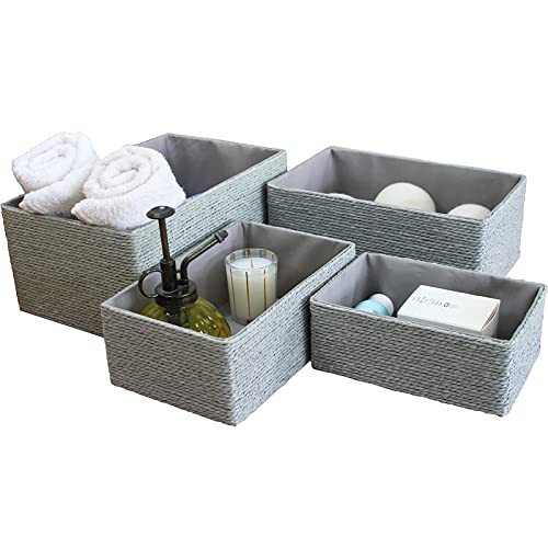 LA JOLIE MUSE Storage Baskets Set 4 - Stackable Woven Basket Paper Rope Bin, Storage Boxes for Makeup Closet Bathroom Bedr...
