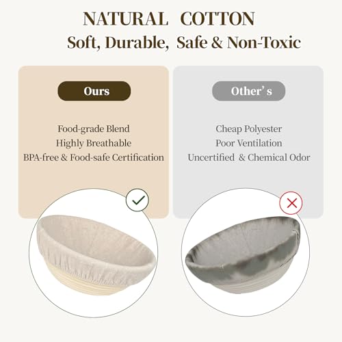 Banneton Bread Proofing Basket - Proofing Basket Set of 2 (9 inch Round) - Natural Rattan Banneton with 4 Linen Liners - B...