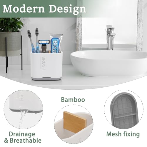 Toothbrush and Toothpaste Holder with Bamboo Divider for Bathroom Countertop Organizer, Detachable for Easy Clean, 2 Slots...