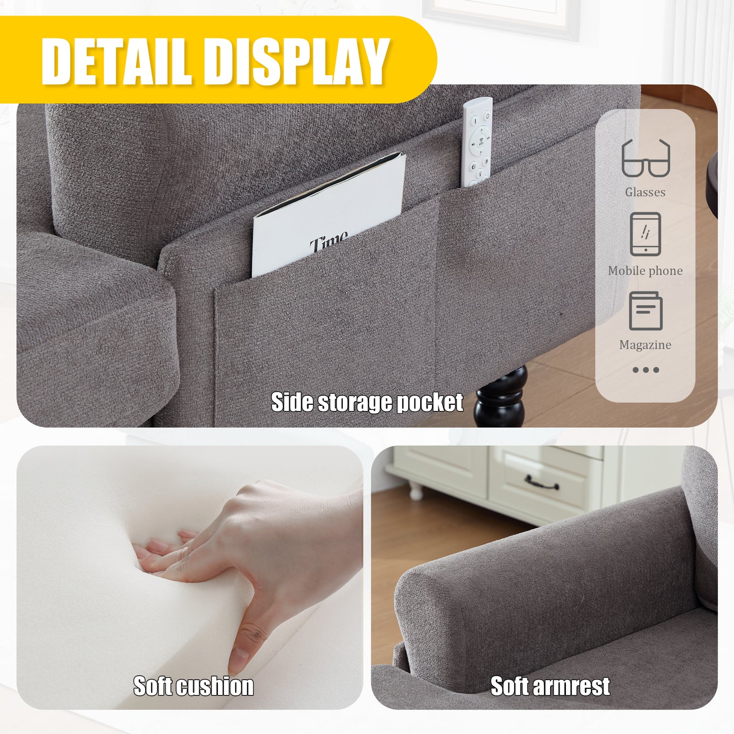 Modern Minimalist Chenille Fabric Chaise Lounge Recliner Single Sofa Living Room Bedroom Rest Chair Wooden Sofa Legs With Comfortable Backrest And Armrests Side Pockets For Storage Suitable For Office