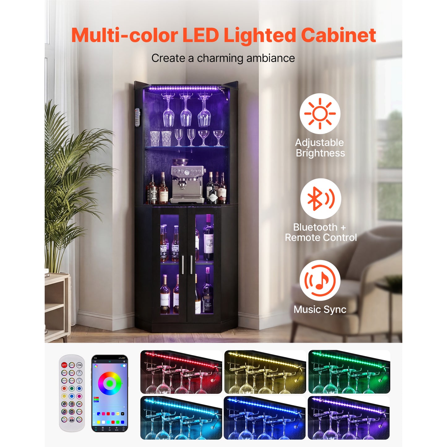 Corner Wine Cabinet, Bar Cabinet With Ample Storage, Modern Buffet Sideboard With Glass Holder, Adjustable LED Brightness, Anti-Tip Strap, For Home Kitchen, Living Room, Dining Room, Black Wood