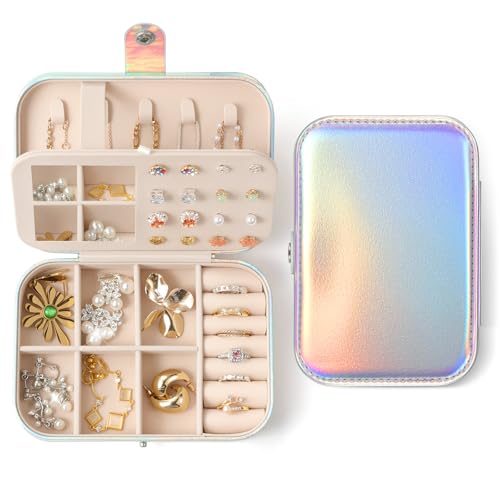 LAMU Travel Jewelry Box, Portable Jewelry Organizers and Stroage, Glowing Rainbow Small Jewelry Case for Earrings Rings Ne...