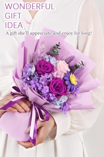Yastouay Preserved Flowers for Delivery, Last 1-3 Years Flowers Bouquet, Purple Rose Forever Flowers with Gifts Box, Birth...