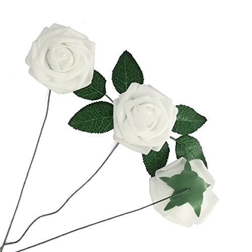 J-Rijzen Artificial Flowers 50PCS Real Looking White Fake Roses with Stem for DIY Wedding Bouquets Centerpieces Party Baby...