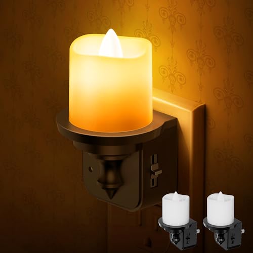 Briignite Flameless Candle Night Lights, Amber Plug-in 2 Pack, LED Candle with Light Sensor, 0-100LM Dimmable, Kids Hallwa...