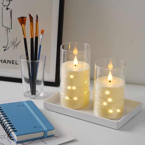 Da by 3 Pack Ivory Transparent Acrylic Flameless Taper Candles, Flickering Black Wick LED Candles with Fairy String Light...