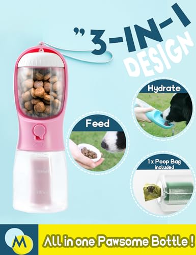 Portable Water Bottle for Small Dogs, 3 in 1 Animal Pet Travel Bowl Dispenser with Food Treat Container & Poop Bag Holder,...