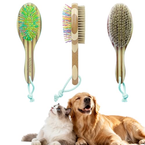2-in-1 Double Sided Dog Brush for Shedding - Cat Brush with Real Boar Bristle & Pins, Bamboo Handle Pet Grooming Brush for...
