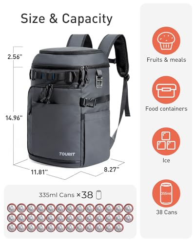TOURIT 38 Cans Backpack Cooler: Leak Proof Waterproof 2 Insulated Compartments Soft Cooler Bag Beach Travel Camping Picni...