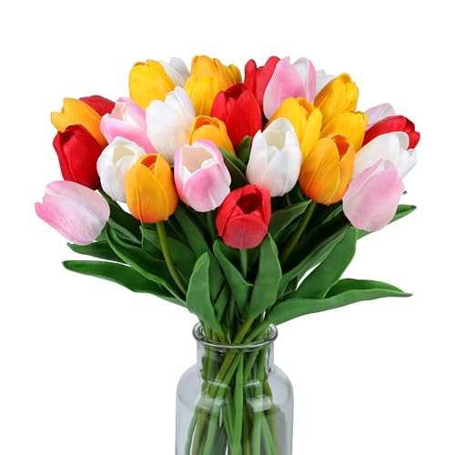 SITUMEIZI Fake Flowers Tulips Artificial Flower 15pcs Real Touch PU 14" for Spring Easter Home Kitchen Wedding Bouquet Bul...