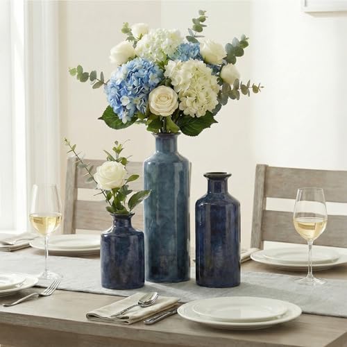 Blue Ceramic Vase Set - 3 Blue Small Vases, Farmhouse Country Flower Vase Home Decor, Living Room Decoration, Table Decora...