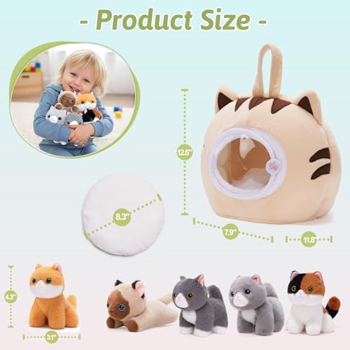 OUOZZZ Cat Stuffed Animal House – Plush Kitten Toy Set with 5 Soft Cats – Interactive & Travel-Friendly Kitties Carrier Pl...