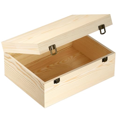 HIPNOOK Unfinished Wood Boxes Large Wooden Boxes with Hinged Lid – 12 x 9x5 Inch Keepsake Box-Memory Box for Crafts, Stora...