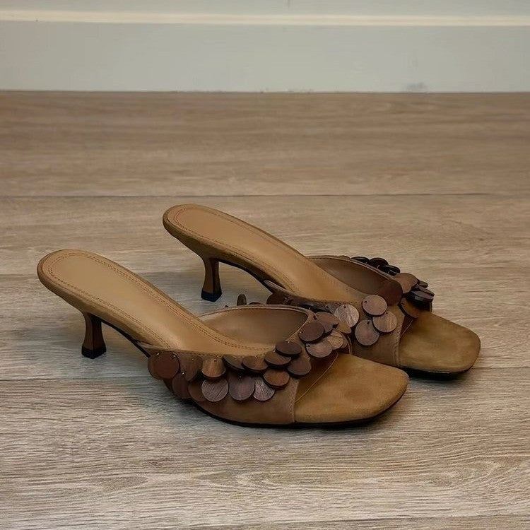 2026 New Women French Scale Texture Square Toe Stiletto Mules, Vintage One Strap Slide Sandals, Outdoor High Heel Slippers