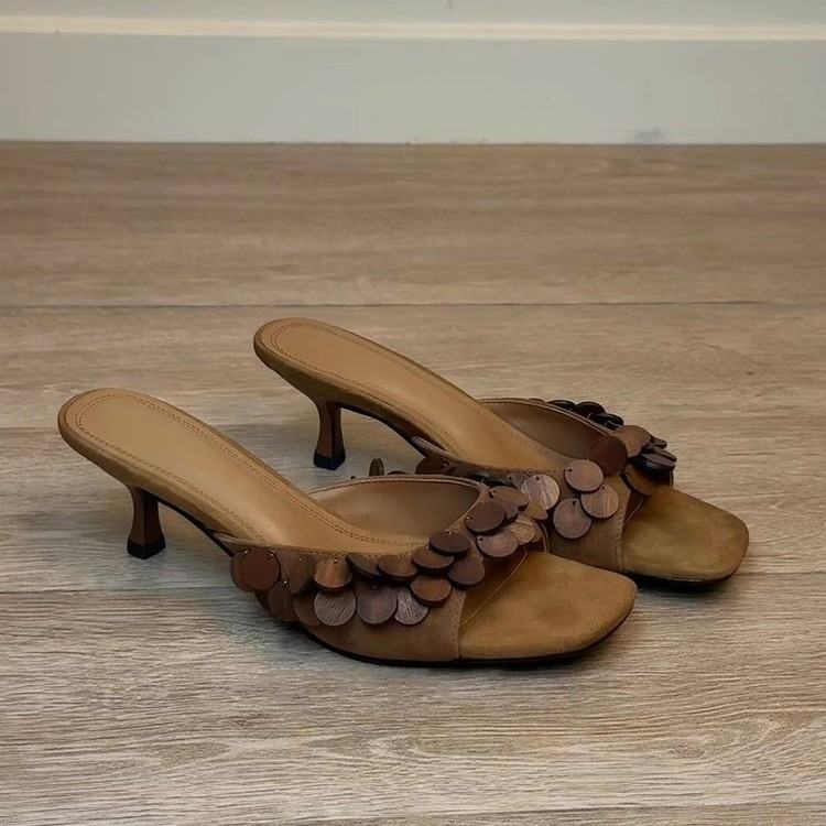 2026 New Women French Scale Texture Square Toe Stiletto Mules, Vintage One Strap Slide Sandals, Outdoor High Heel Slippers