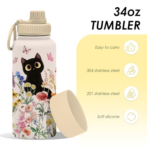 Gift for Cat Lovers - 34oz Black Cat Water Bottle for Girls, Cats Flower Tumbler with Lid, Leak-Proof, Double Wall Travel ...