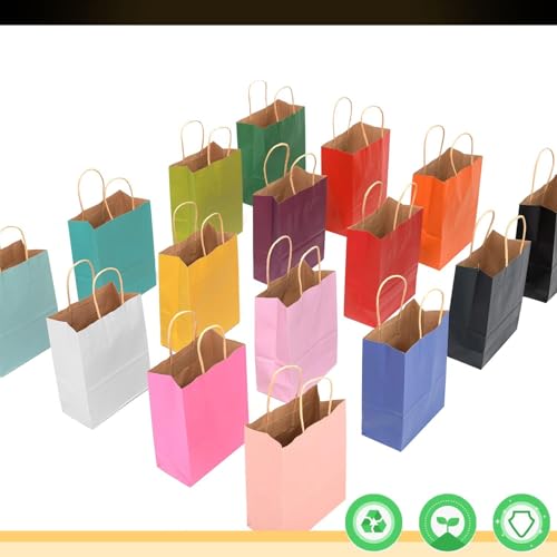 qiqee 32-Packs Paper Bags with Handles Bulk 8.26"×6"×3.15" Small Gift Bags 16 Different Senior Color Bags Multiple Uses（Sm...