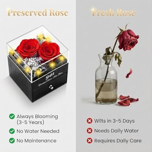 Gnifot Preserved Red Real Rose with I Love You in 100 Languages Necklace,Eternal Flowers Gifts for Women Wife Girlfriend M...