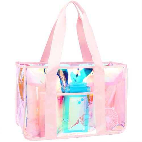 Fammart Iridescent Clear Beach Bags Waterproof Sandproof for Women, Large Jelly Tote Zipper Pool Bag Cruise Essentials 2026