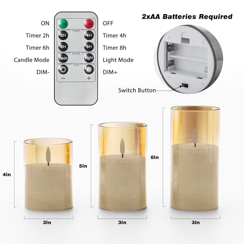 VIODAIM Ice Crystal Real Wax Glass Flameless Candles with Remote & Timer, Battery Operated Candles with Warm Flickering Fl...