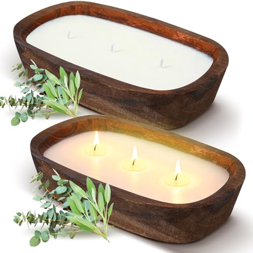 Lounsweer 2 Pack Wood Dough Bowl Candle 10inch Christmas Candle Decorative with Wick Sage and Eucalyptus Scented Candles S...