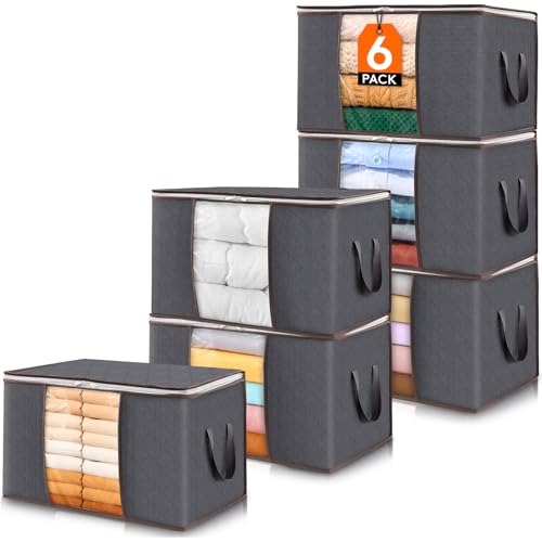 Lifewit 6 Pack Clothes Storage Bins with Lids, Foldable Blanket Storage Bags with Zippers, Clear Window and Reinforced Han...