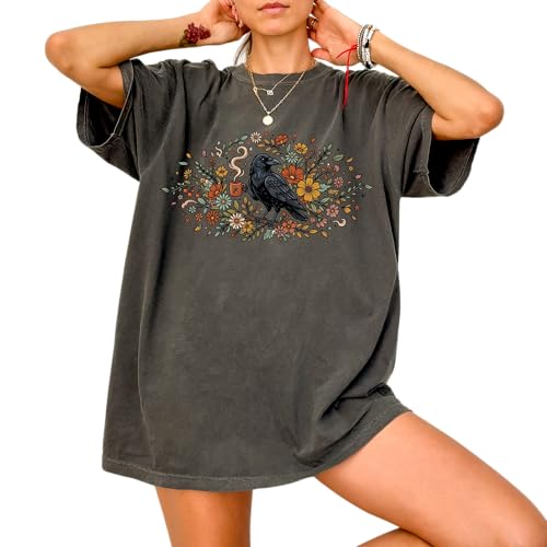 Retro Crow Coffee Design - Womens Comfort Colors - Pepper Grey Floral Raven Botanical Graphic Tee