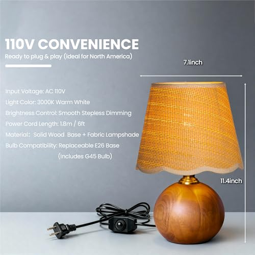 URLIGHTS 11.4" Modern Wooden Bedside Table Lamp, Small Nightstand Desk Lamp with Fabric Shade, Warm Ambient Light, Dimmabl...