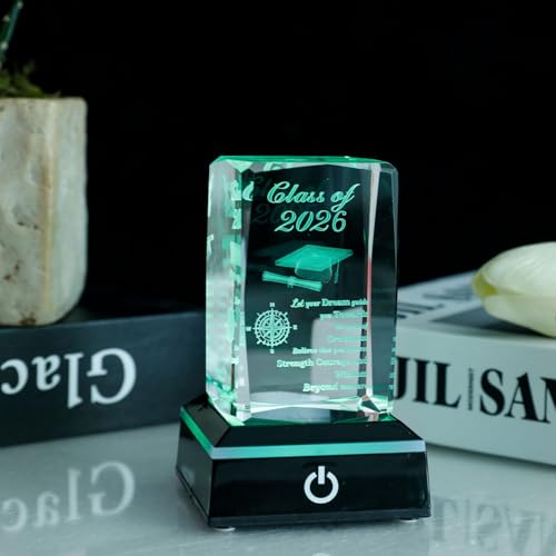 Class of 2026 Graduation Gift, Class of 2026 3D Crystal Laser Engraved Plaque with Glowing LED Base, Meaningful Senior Gif...