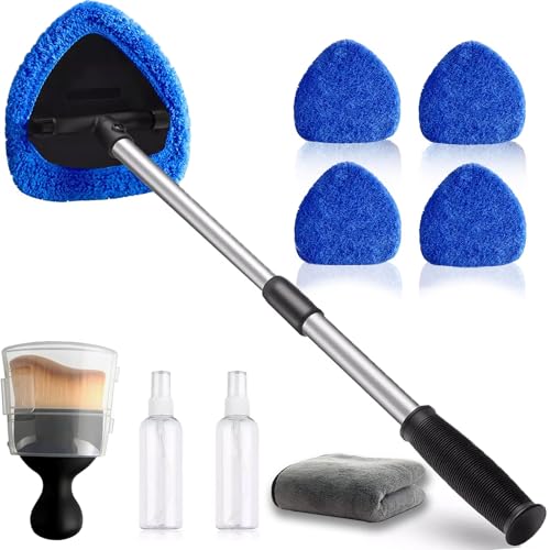 Car Windshield Cleaning Tools, Expandable Car Window Cleaner kit with 4 Reusable Microfiber Pads, 2 Spray Bottles, Windshi...
