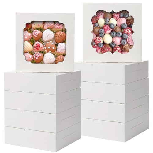 TOMNK 60pcs Cookie Boxes, 8x8x2.5 Inches Bakery Boxes with 2 Style Windows for Chocolate Strawberries, Pie, Pastry, Desser...