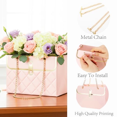 Flower Paper Gift Box, 4PCS Bouquet Storage Bucket Paper Flower Handbag Boxes with Metal Chain Flower Bags for Bouquets Mo...