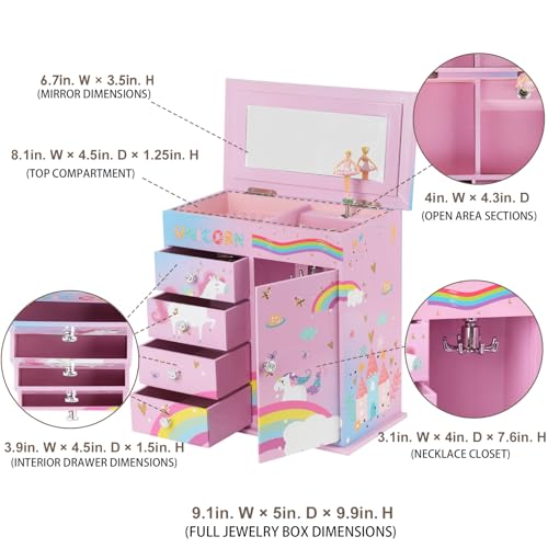 efubaby Jewelry Box for Girls 5-Layer with Swing Door Spinning Ballerina Unicorn &Castle Design Unicorn Jewelry Set Includ...