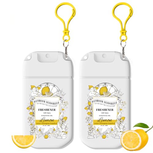 Pocket Size Toilet Spray for Poop, 2 Pack Lemon Scent, Bathroom Odor Eliminator with Removable Hook,Travel Essentials Variety