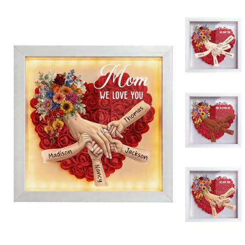 Personalized Mommy Holding Hands Flower Shadow Box with Ring and Manicure, Custom Kids Names Floral Heart Led Light Frame,...