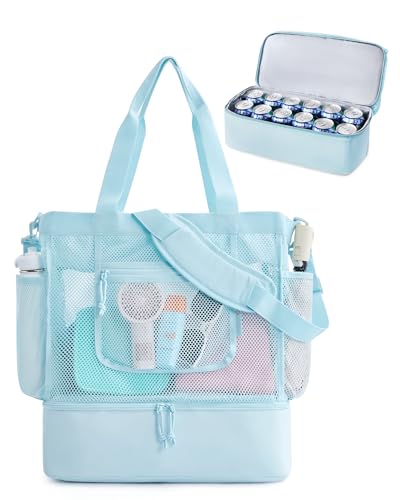 BAGSMART Beach Bag for Women, Mesh Tote Bags with Zipper, Sandproof Vacation Essentials with Cooler for Swim Cruise Pool