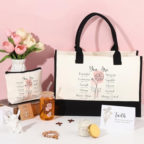 SilTriangle 6 Pcs Christian Gifts for Women Faith Set Mother's Day Religious Gift for Women with Tote Bag Makeup Bag Candl...