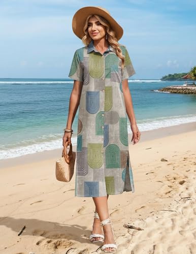 HOTOUCH Womens Dress Summer Casual Midi Short Sleeve Button Down Shirt Dresses Loose Beach Cover Up with Pockets