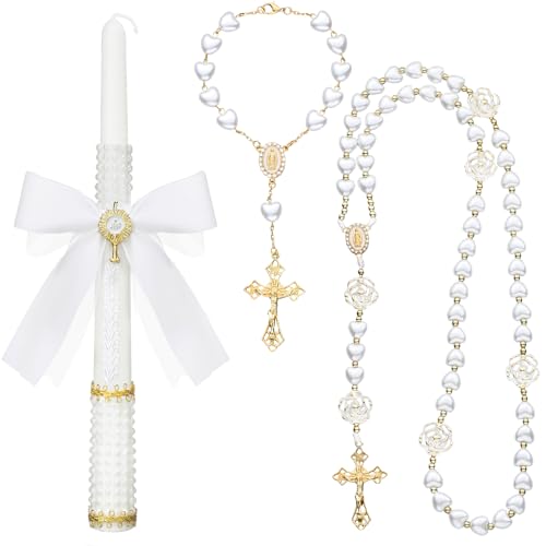 WILLBOND 3 Pcs Baptism Candle Gifts Set First Communion Rosary and Candle Set Catholic Bracelets Cross Necklace Holy Commu...