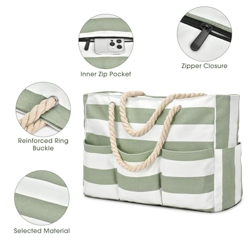 Becokan Beach Bags for Women Canvas Large Beach Tote Bag Zipper Waterproof Sandproof Foldable Swim Pool Bag with 7 Pockets