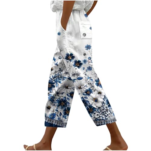 bawilom Hawaii Capri Pants for Women Casual Tropical Floral Print Pants Elastic High Waist Drawstring Summer Beach Trousers