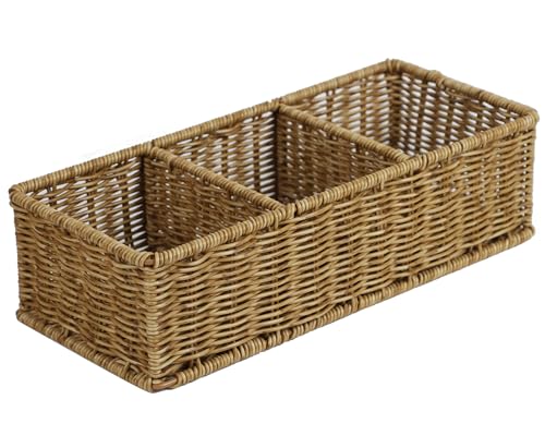 Waterproof Wicker Basket With 3 Compartments, Hand Woven Bathroom Counter Organizer, Small Storage Basket for Toilet Paper...