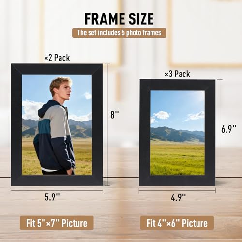 MAXECHO Picture Frame Set of 5, Two 5"x7", Three 4"x6", Black Gallery Photo Frame for Collage Wall and Tabletop Display Ho...