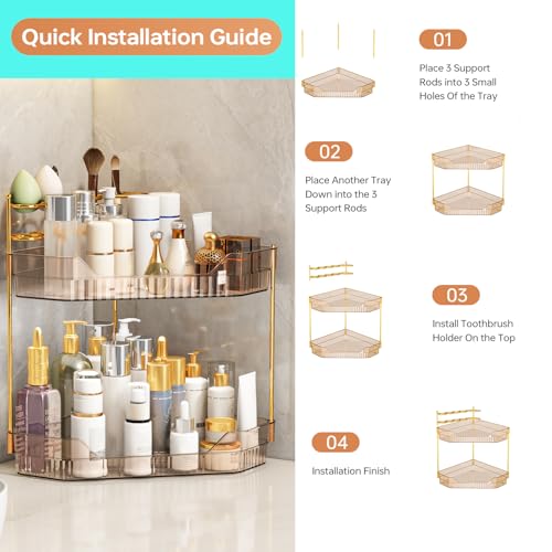 ZZWILLB Corner Bathroom Counter Organizer with Makeup Brush Holder & Toothbrush Holders, Makeup Organizer for Vanity Count...