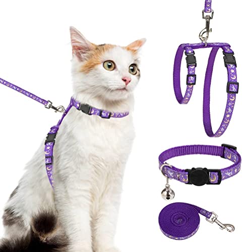 PAWCHIE Cat Harness with Leash and Collar Set - Escape Proof Adjustable H-shped Cat Harness with Star and Moon Pattern Glo...