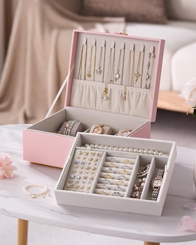 pickpiff 2 Layer Jewelry Box Organizer for Women, Jewelry Organizer with Handle & Removable Tray, Necklace Holder Ring Ear...