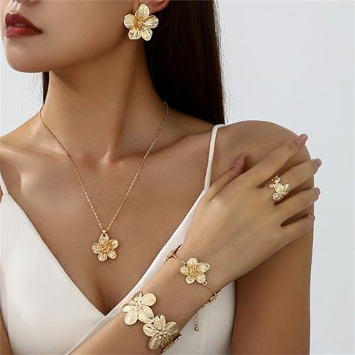 MALOYANVE Golden Flower Necklace Earring Ring Bracelet Set for Women Gold - Toned Floral Jewelry Set Elegant Flower - Shap...